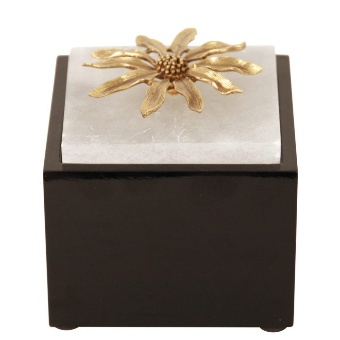 BOX BLK LACQUER, BRASS FLOWER, LOW