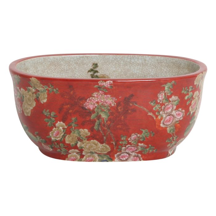 PLANTER, OVAL, RED W/FLOWERS