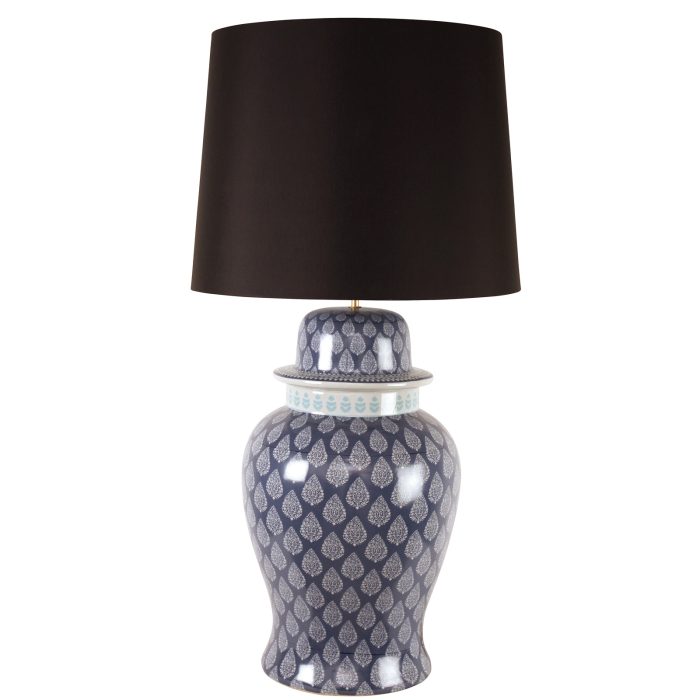 LAMP, TEMPEL JAR SHAPE, WHITE PAISLEY ON BLUE