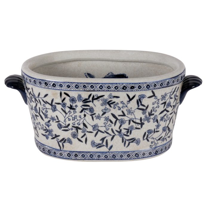 PLANTER, OVAL W/HDL BLUE/WHITE