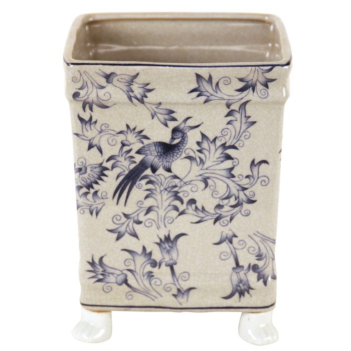 PLANTER SQUARE BLUE WHITE BIRDS IN WOOD