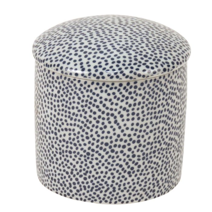 CANISTER, ROUND W/LID, BLUE DOTS ON