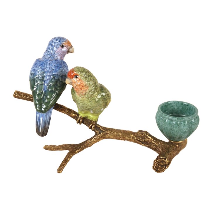 CANDLE HOLDER, PARROTS ON TWIG,