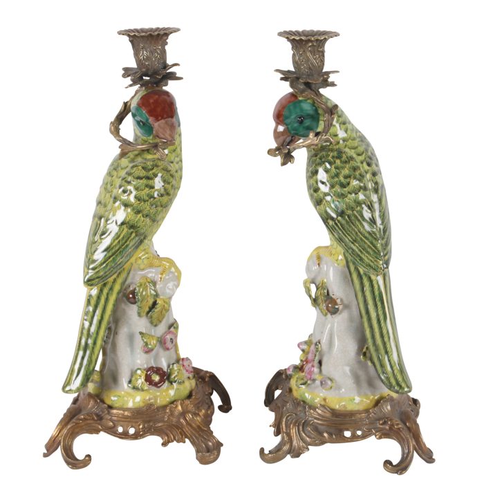 CANDLE HOLDER, PARROTS, GREEN