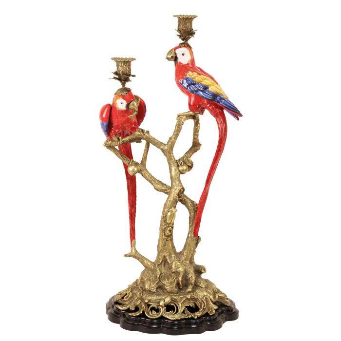 CANDLE HOLDER, 2 PARROTS IN BRZ